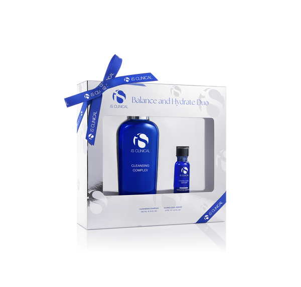 iS Clinical Balance and Hydrate Duo: Cleansing Complex and Hydra-Cool Serum in white ribboned box
