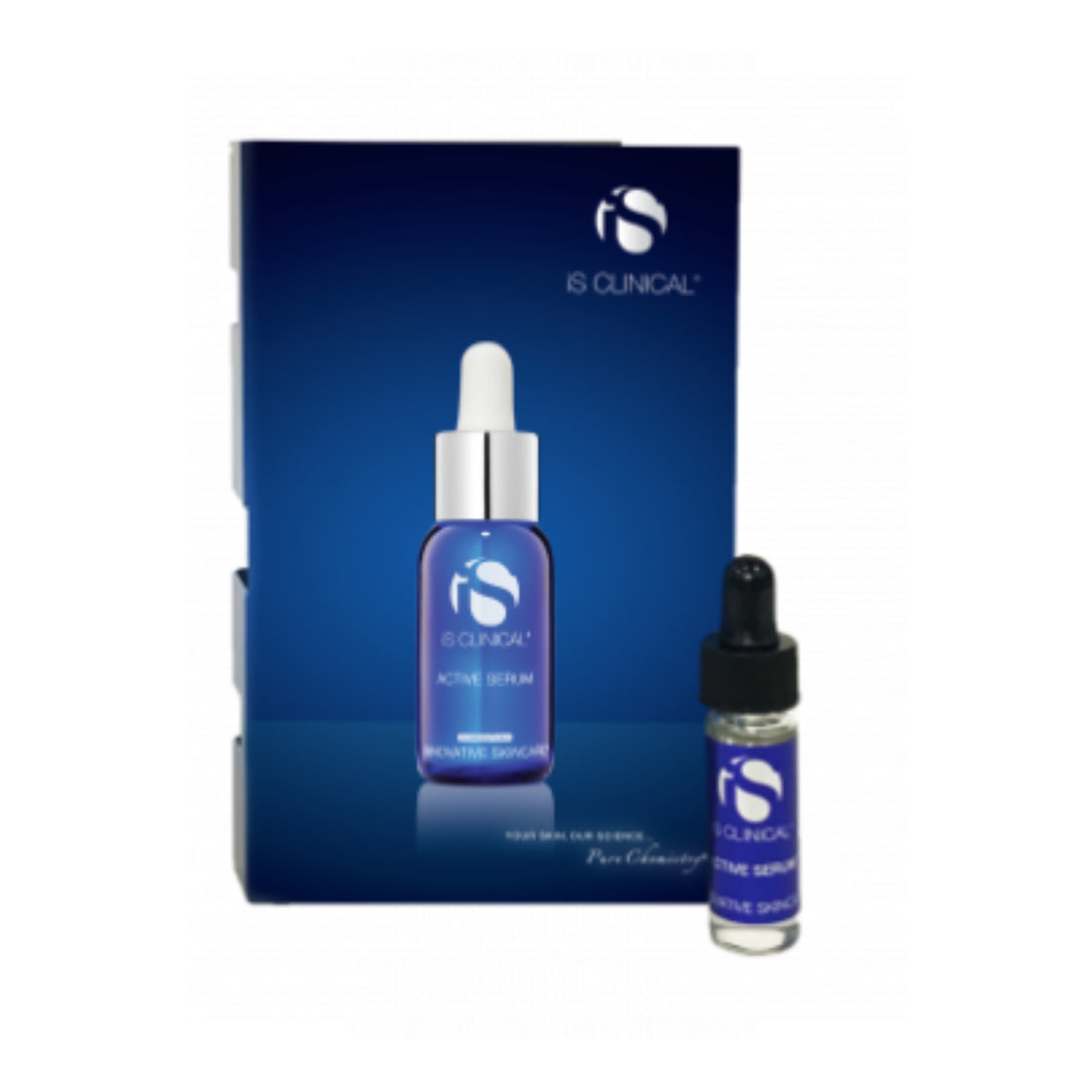 Small clear glass vial with black dropper cap and blue label beside blue box featuring iS Clinical Active Serum bottle image