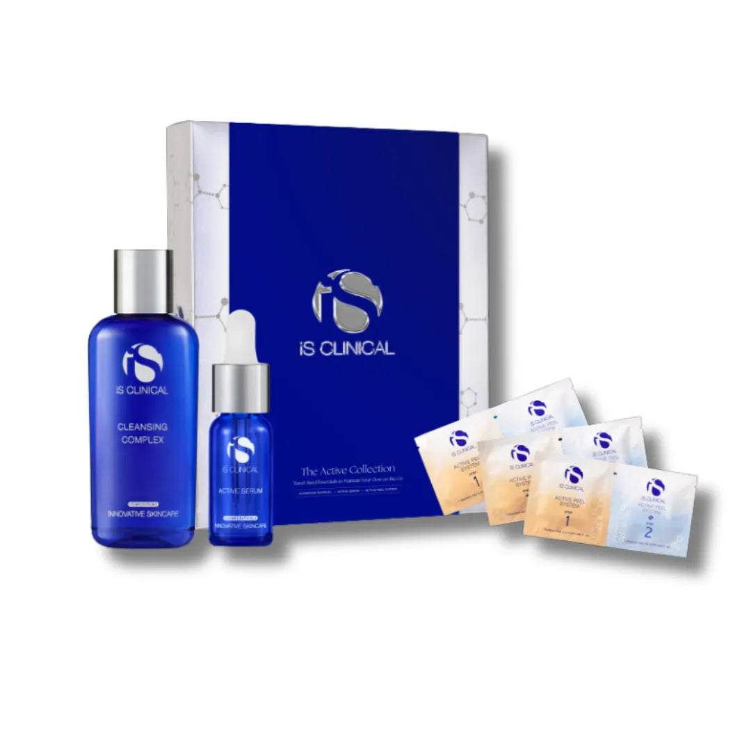 iS Clinical Limited-Edition Active Collection: Cleansing Complex, Active Serum, box and four sachets