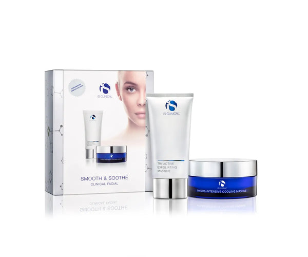 iS Clinical Smooth & Soothe Clinical Facial set with Tri-Active Exfoliating Masque tube and Hydra-Intensive Cooling Masque jar beside product box