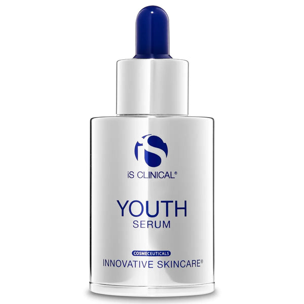 iS Clinical Youth Serum bottle with blue dropper cap on white background