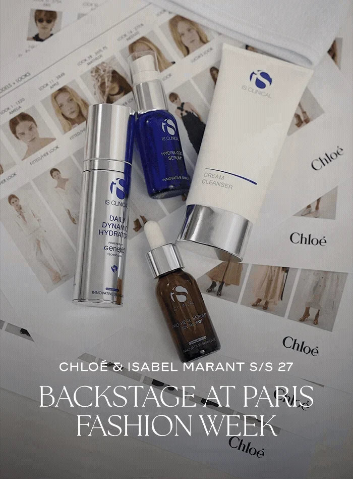 iS Clinical products on the Chloé line-up board backstage at Paris Fashion Week SS27