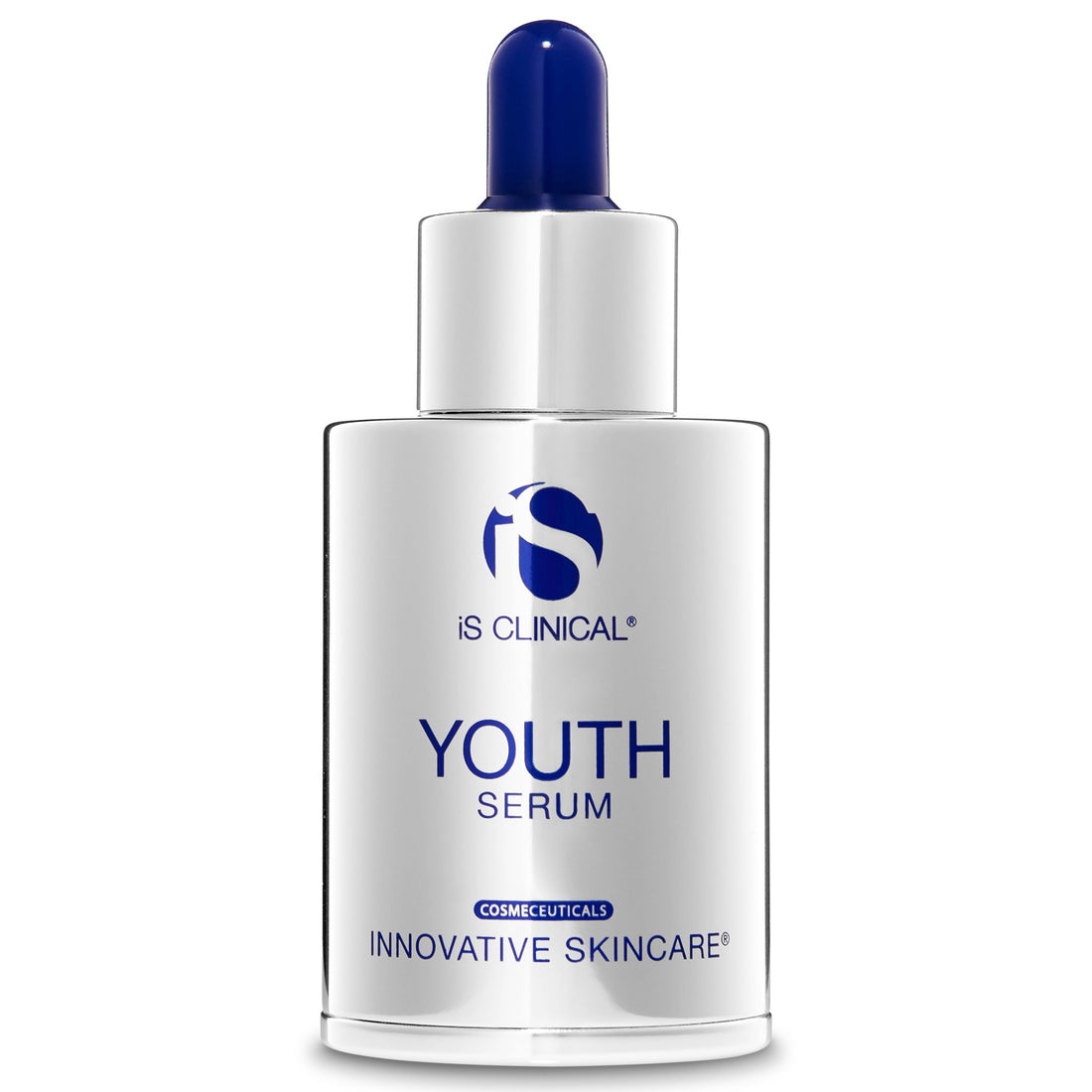 iS Clinical Youth Serum in a silver dropper bottle with navy dropper top on white background