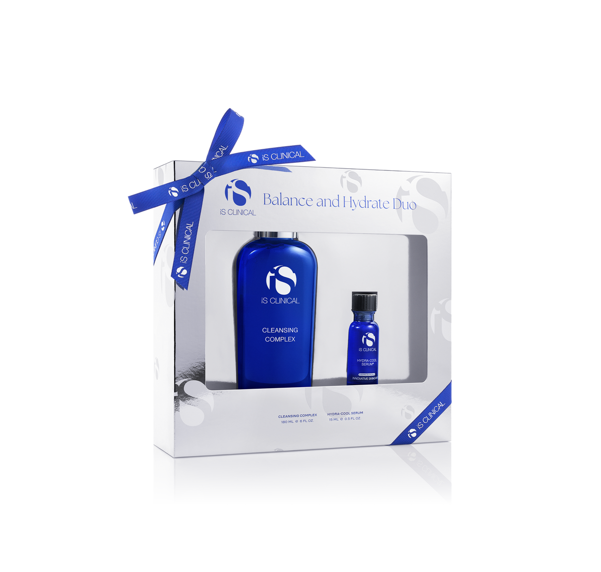iS Clinical Balance and Hydrate Duo with blue Cleansing Complex bottle and smaller Hydra-Cool Serum vial in white box with blue ribbon