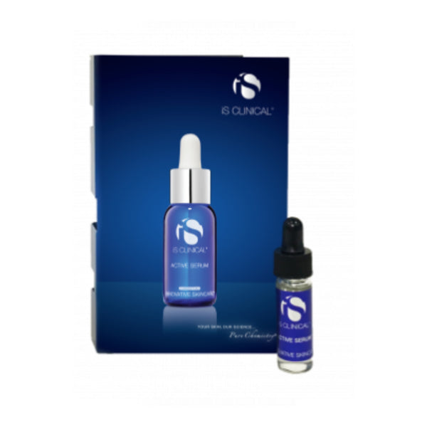 Small clear glass vial with black dropper cap and blue label beside blue box featuring iS Clinical Active Serum bottle image