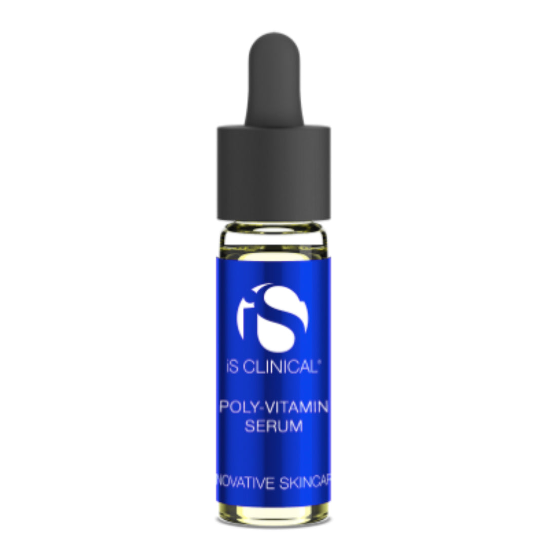 iS Clinical Poly-Vitamin Serum sample in a small blue-labelled glass dropper vial with black cap
