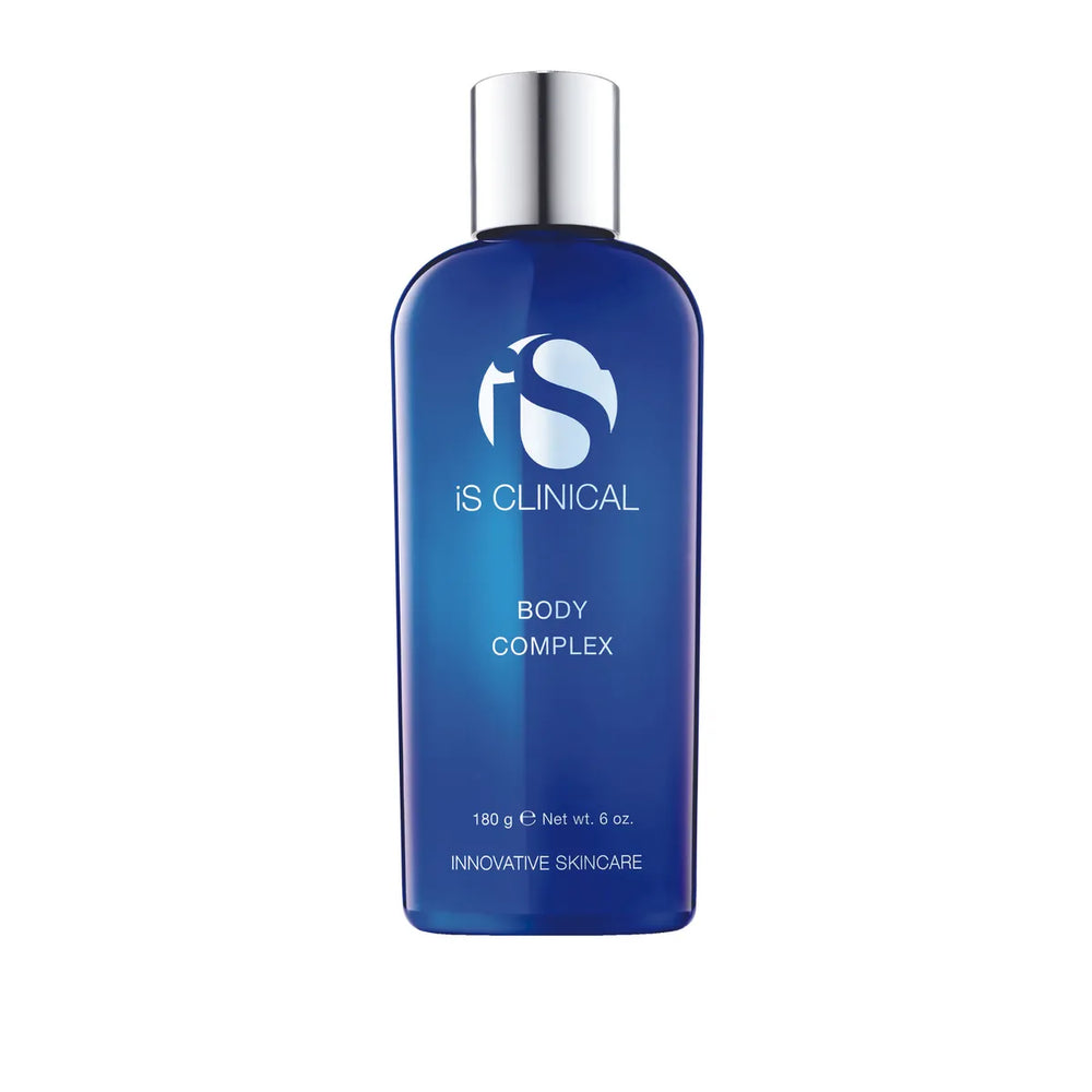 Blue bottle of iS Clinical Body Complex with silver cap on white background