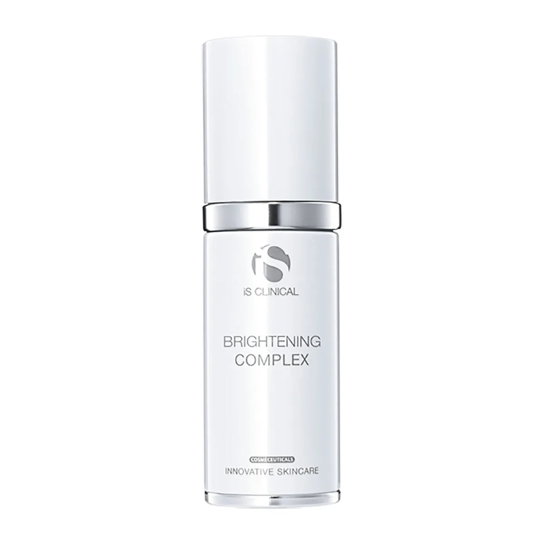iS Clinical Brightening Complex in white pump bottle with silver accents on white background