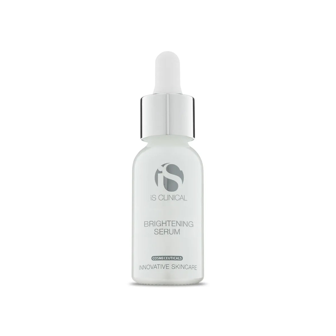 iS Clinical Brightening Serum in frosted glass bottle with silver dropper cap on white background