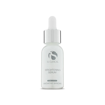 iS Clinical Brightening Serum in frosted glass bottle with silver dropper cap on white background