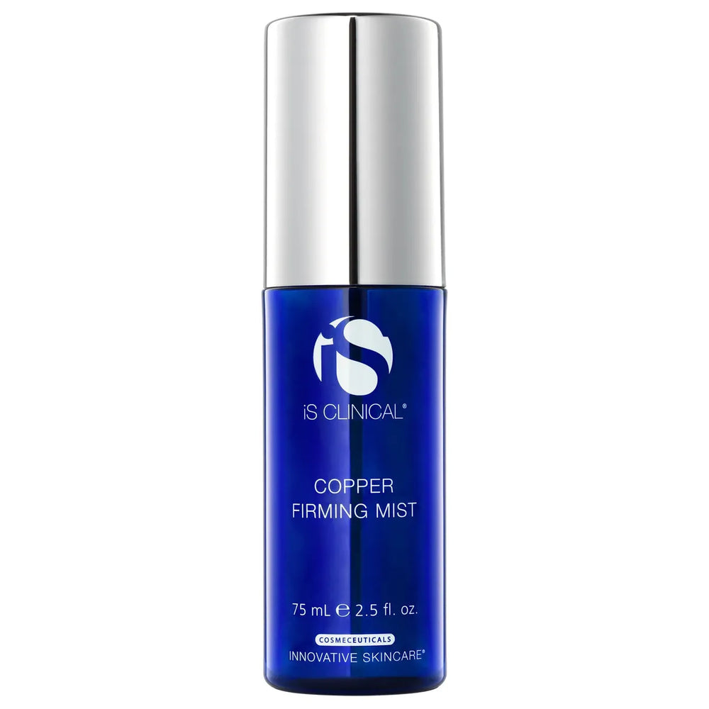 Blue cylindrical bottle of iS Clinical Copper Firming Mist with silver cap on white background