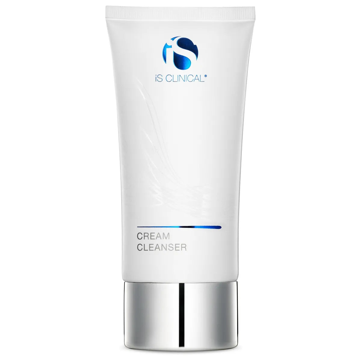 White tube of iS Clinical Cream Cleanser with silver cap and blue logo on clinical-white background