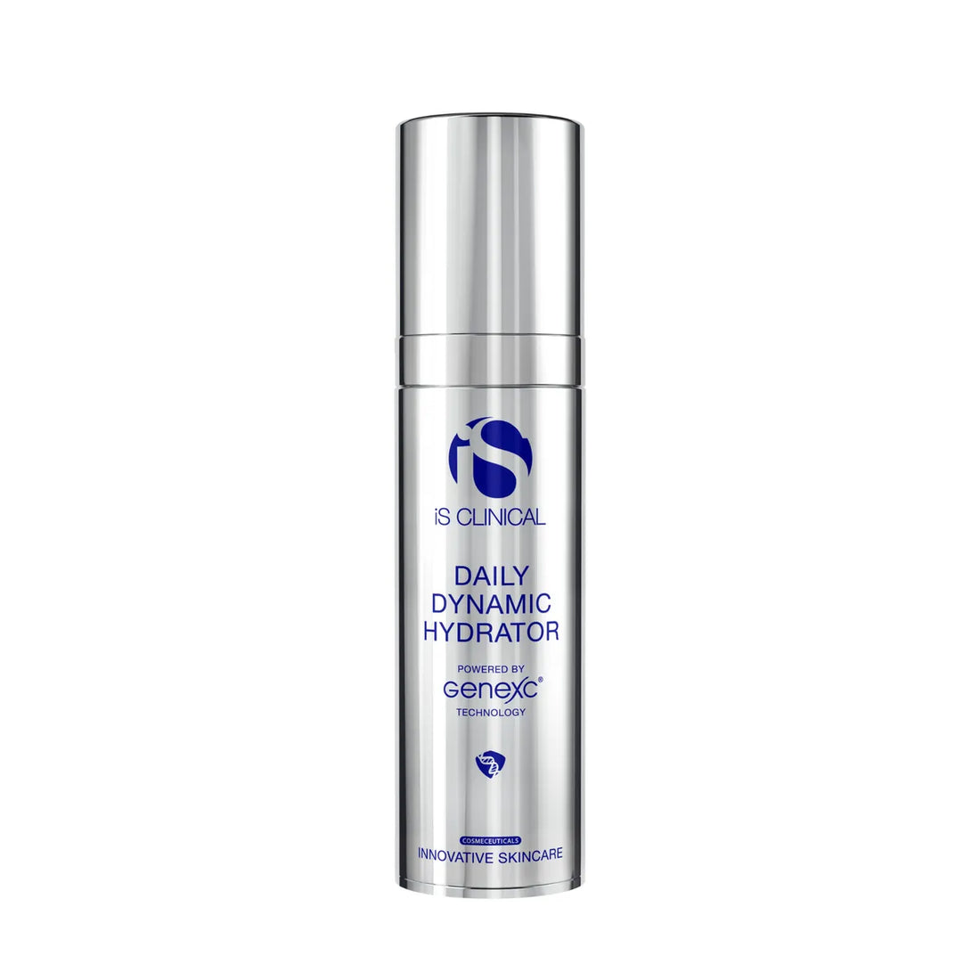 Silver cylindrical pump bottle of iS Clinical Daily Dynamic Hydrator with blue text
