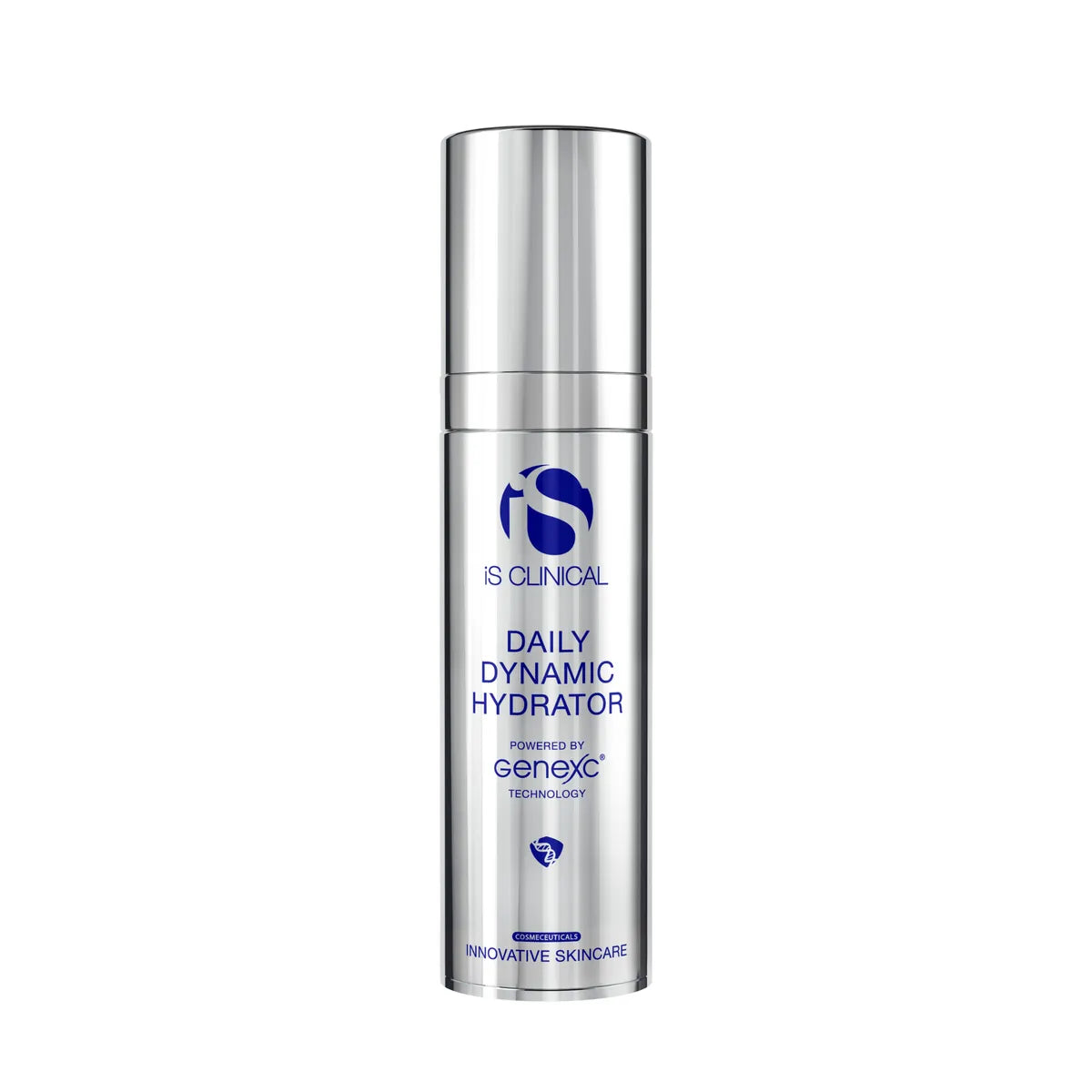 Silver cylindrical pump bottle of iS Clinical Daily Dynamic Hydrator with blue text on white background