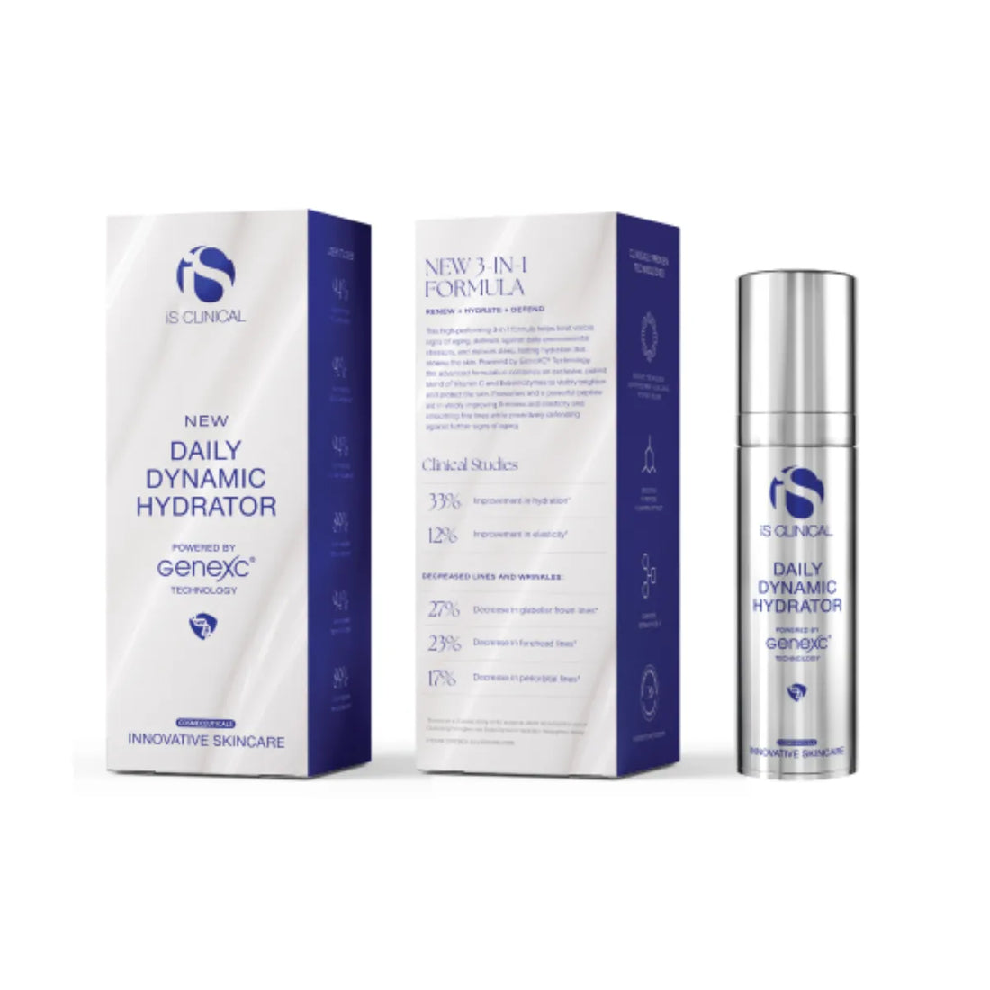 iS Clinical Daily Dynamic Hydrator bottle with front and back product packaging in white and blue