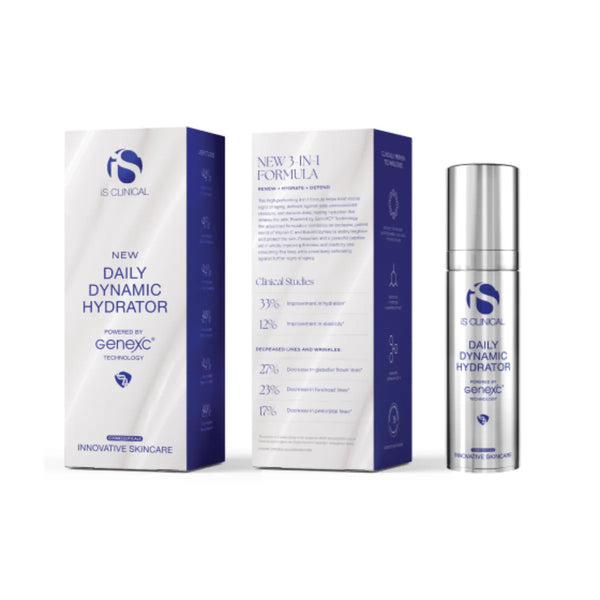 iS Clinical Daily Dynamic Hydrator bottle with front and back product packaging in white and blue
