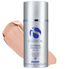 Silver pump bottle of iS Clinical Extreme Protect SPF 40 sunscreen with beige cream swatch behind