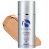 Silver pump bottle of iS Clinical Extreme Protect SPF 40 sunscreen with beige cream swatch behind