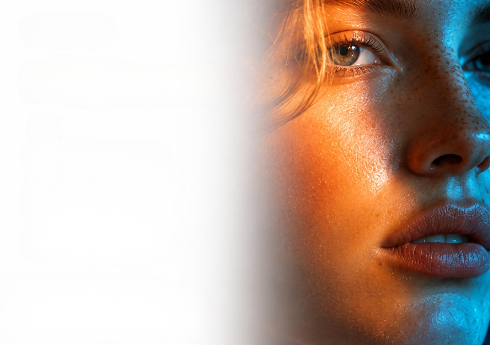 Model lit half in warm fire tones, half in cool ice tones