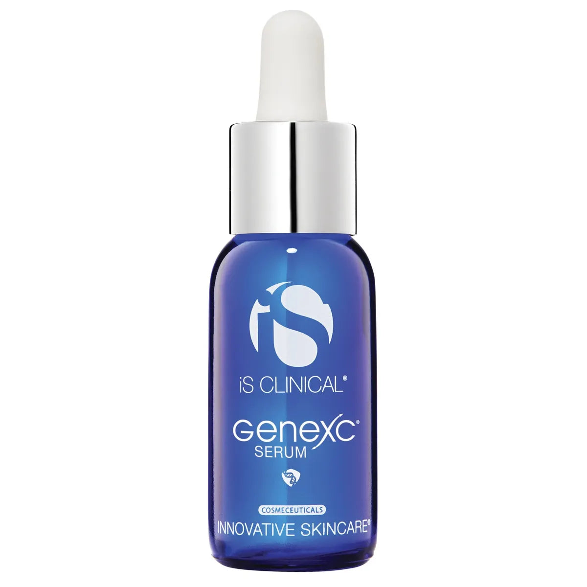 Blue glass dropper bottle of iS Clinical GeneXC Serum with silver cap on white background