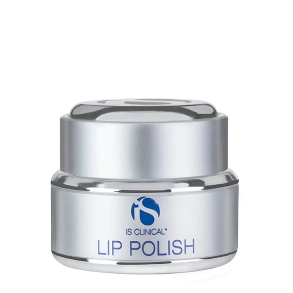 Silver jar of iS Clinical Lip Polish with blue logo and text on white background