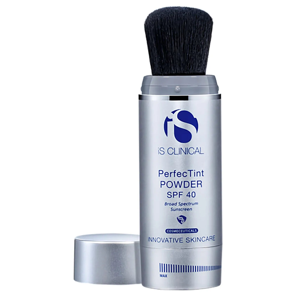 Silver cylindrical container of iS Clinical PerfecTint Powder SPF 40 with attached black brush and removed cap
