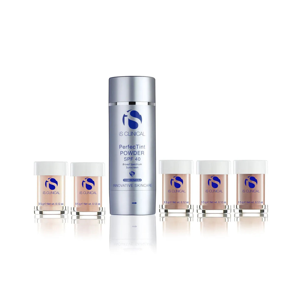 iS Clinical PerfecTint Powder SPF 40 silver bottle surrounded by five small powder jars in varying shades