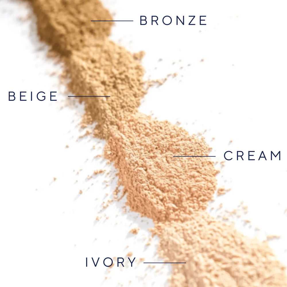 Four shades of iS Clinical PerfecTint Powder SPF 40 in bronze, beige, cream, and ivory on white background