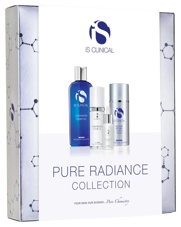 iS Clinical Pure Radiance Collection box showing four skincare products including Cleansing Complex and Eclipse SPF 50+