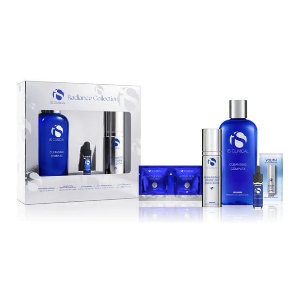 iS Clinical Radiance Collection with Cleansing Complex bottle, Reparative Moisture Emulsion pump, Active Serum dropper, Youth Eye Complex tube, and Active Peel System sachets