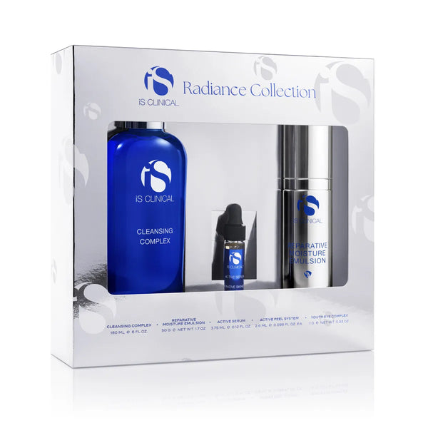 iS Clinical Radiance Collection box with blue Cleansing Complex bottle, small Active Serum dropper, and silver Reparative Moisture Emulsion pump