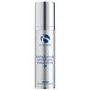 Silver cylindrical bottle with shiny cap labelled iS Clinical Reparative Moisture Emulsion on white background