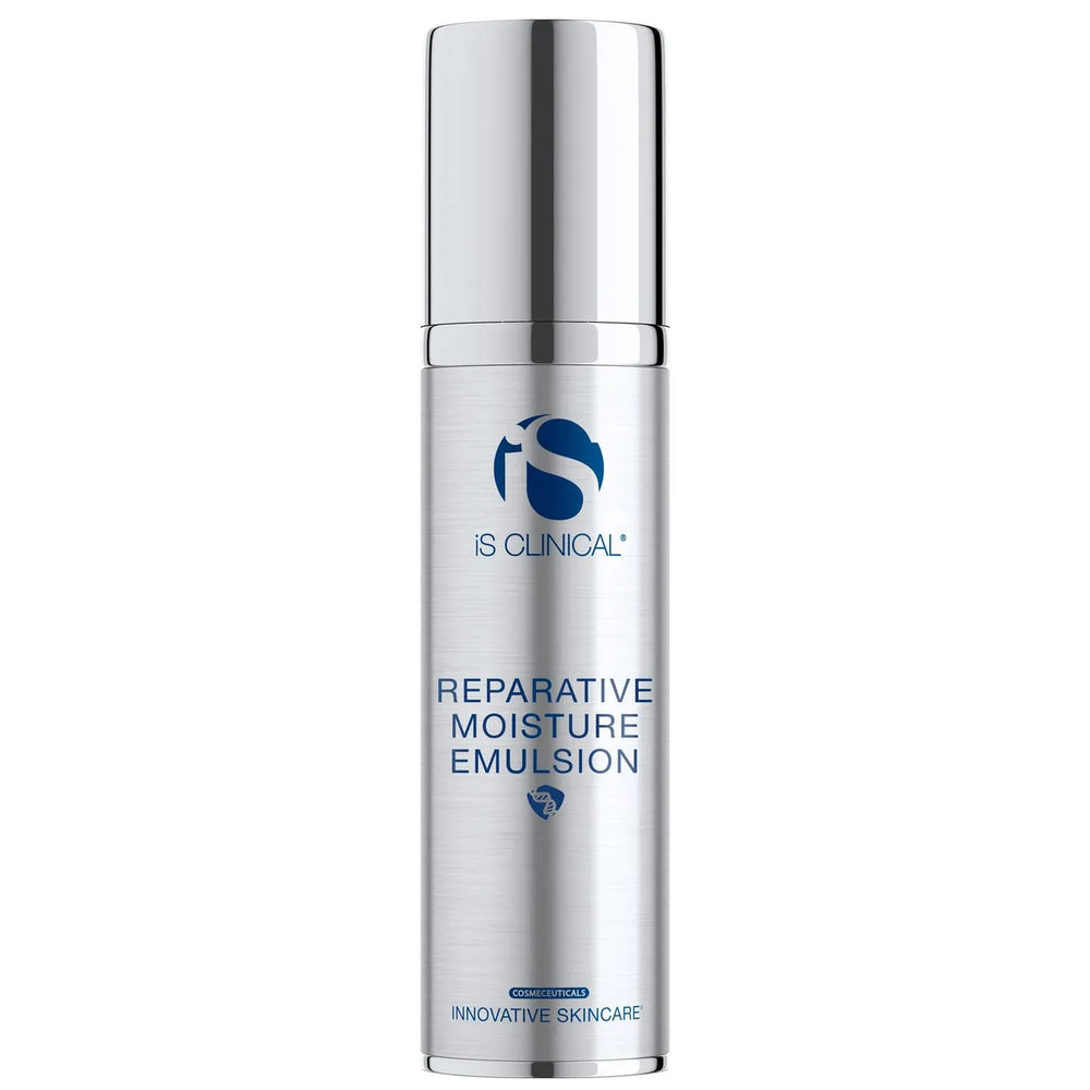 Silver cylindrical bottle with shiny cap labelled iS Clinical Reparative Moisture Emulsion on white background