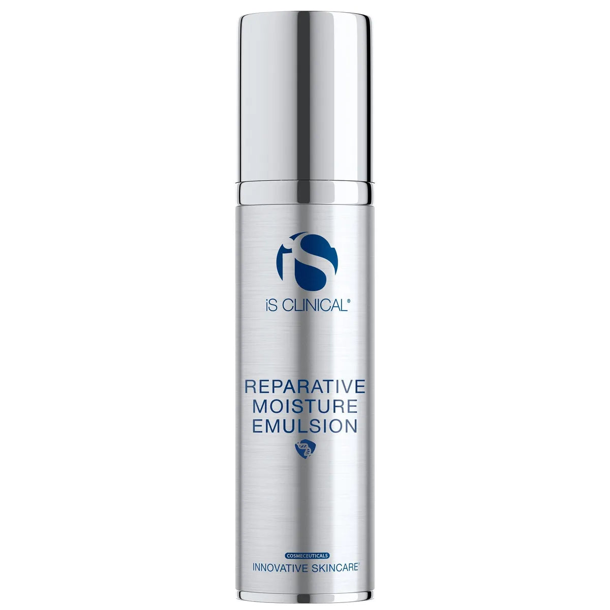 Silver cylindrical bottle with shiny cap labelled iS Clinical Reparative Moisture Emulsion on white background