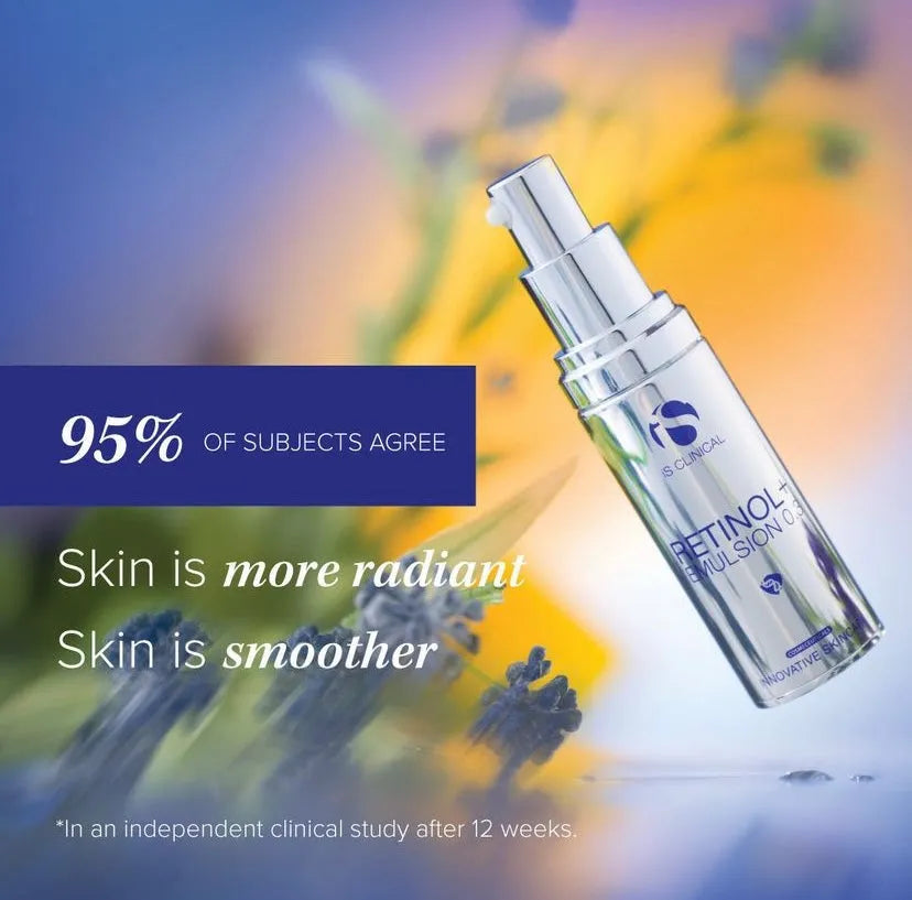 iS Clinical Retinol+ Emulsion 0.3 silver pump bottle with blurred yellow and purple floral background