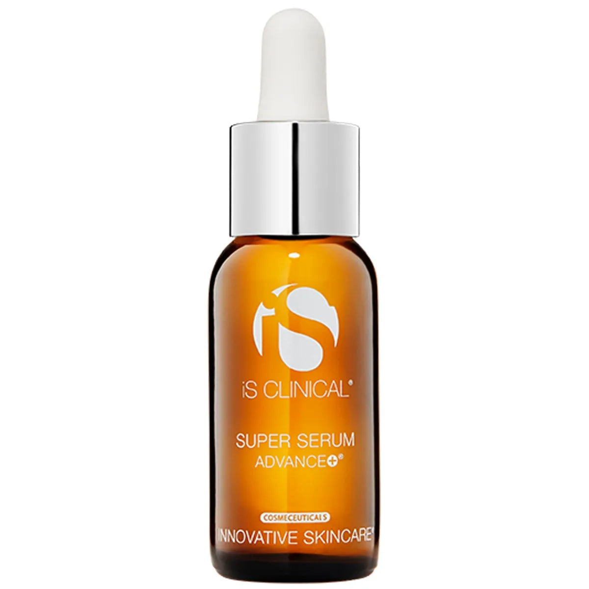 Amber glass dropper bottle of iS Clinical Super Serum Advance+ with silver cap on white background