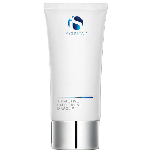 White tube of iS Clinical Tri-Active Exfoliating Masque with silver cap on white background
