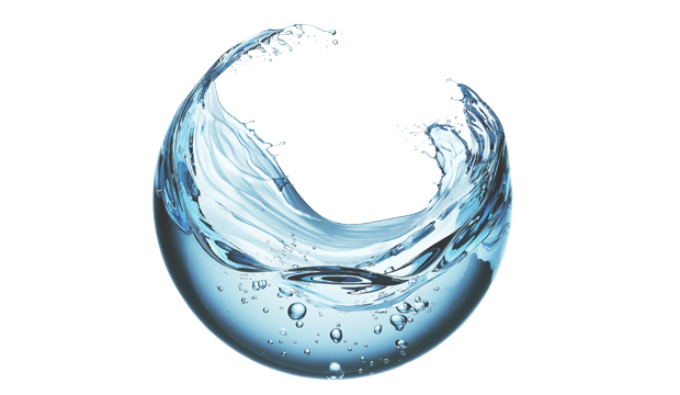 Curved splash of clear blue water with air bubbles on white background