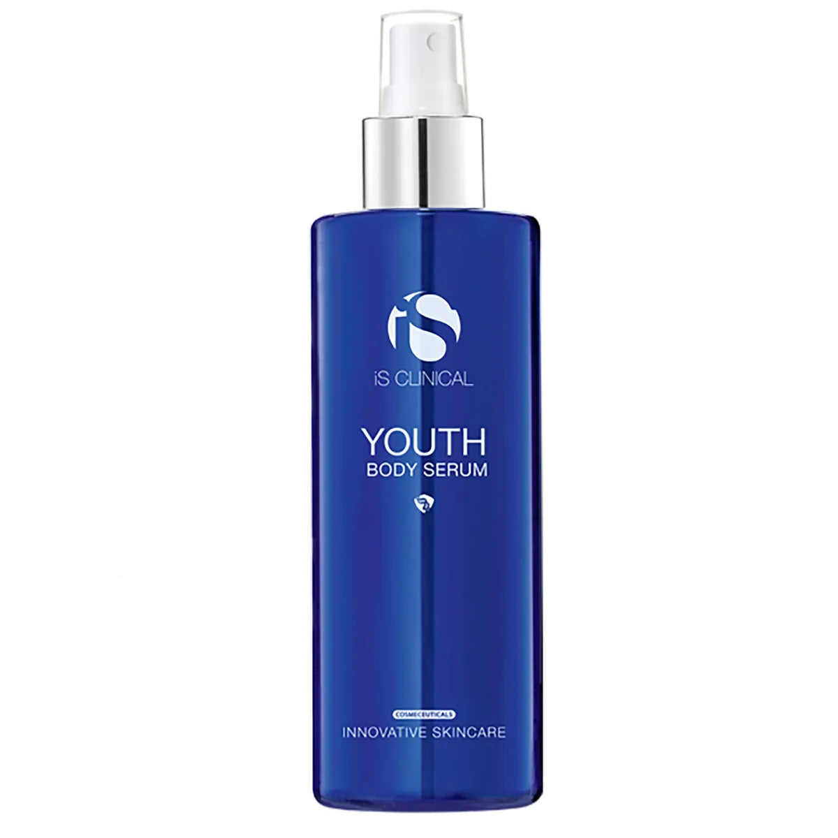 Tall blue bottle of iS Clinical Youth Body Serum with white pump and silver collar on white background