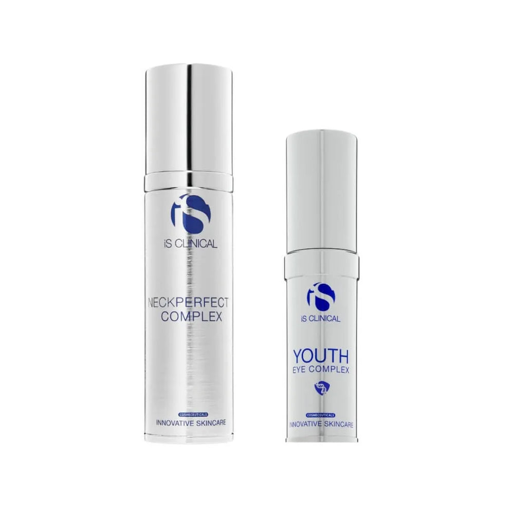 Two silver pump bottles of iS Clinical Youth Eye Complex and NeckPerfect Complex on white background