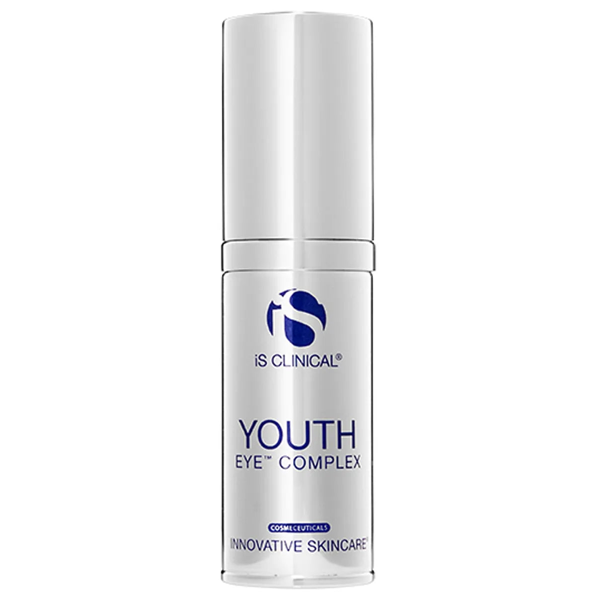 iS Clinical Youth Eye Complex in a white pump bottle with blue text on clinical-white background