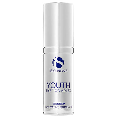iS Clinical Youth Eye Complex in a white pump bottle with blue text on clinical-white background