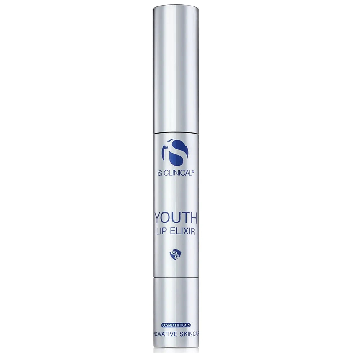 Silver tube of iS Clinical Youth Lip Elixir with blue logo and text on white background