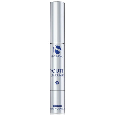 Silver tube of iS Clinical Youth Lip Elixir with blue logo and text on white background