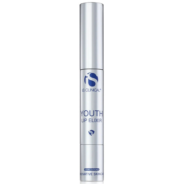 Silver tube of iS Clinical Youth Lip Elixir with blue logo and text on white background